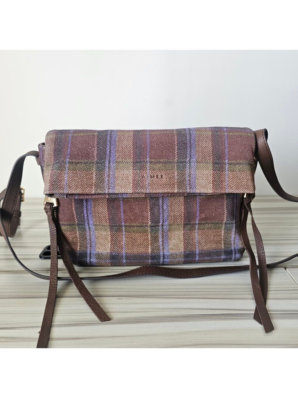 Aimee Kestenberg Plaid Tweed Brown Leather Crossbody Bag